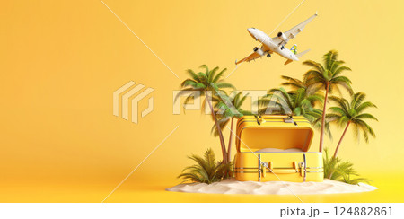 Tropical Vacation Dreamscape. An imaginative depiction of a suitcase opening to a tropical beach with a plane, symbolizing the dream of travel. 124882861