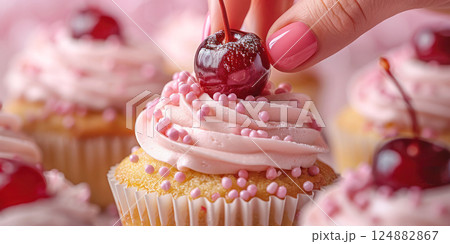 Pink Frosted Cupcake with Cherry on Top. A delicate hand adorns a pink frosted cupcake with a glossy cherry, surrounded by sprinkles and more cupcakes in the background. Pink Frosted Cupcake with Cherry on Top. A delicate hand adorns a pink frosted cupcake with a glossy cherry, surrounded by sprinkles and more cupcakes in the background. 124882867