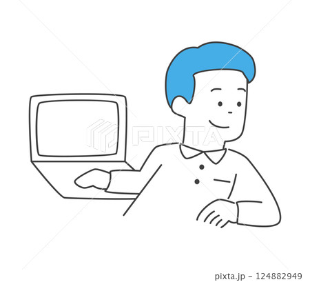 パソコンを触りながら話を聞く男性のイラスト　ベクター 124882949