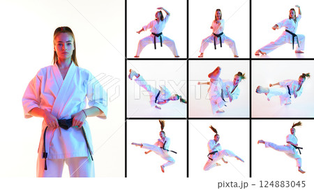 Collage. Woman in white sport karate uniform with black belt training in action against white studio background. 124883045