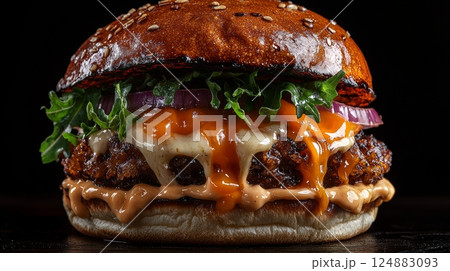 Gourmet chicken burger with cheese and veggies. Juicy delicious hamburger on darkmood picture for restaurant decoration, generated AI 124883093