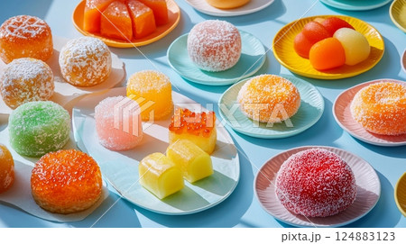 Pastel vibrant Osaka sweets on minimalist tableware, generated AI 124883123