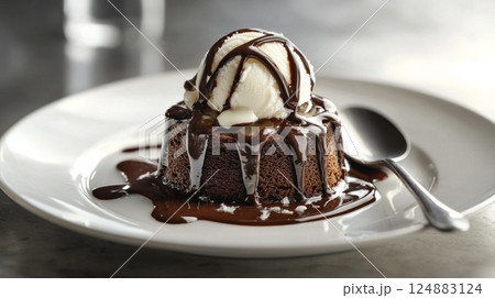 Chocolate cake with rich chocolate frosting, served on a ceramic plate, generated AI 124883124