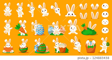 Easter Bunny Clipart and Icon Set. Cute Cartoon Rabbits, Eggs, Baskets, Carrots and Holiday Elements 124883438