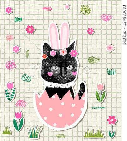 Funny cat with bunny ears in an Easter egg, cute collage illustration background with flowers 124883683