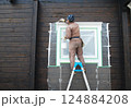 ログハウス外壁を塗装する男性　脚立乗り　その1 124884208