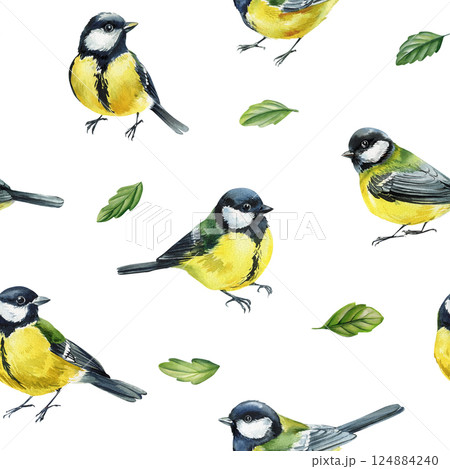 watercolor seamless pattern with great tit birds and green leaves, wild garden birds illustration, cute yellow birds watercolor seamless pattern with great tit birds and green leaves, wild garden birds illustration, cute yellow birds 124884240