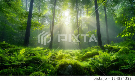 Sunlight rays penetrating lush forest with vibrant ferns and moss 124884352