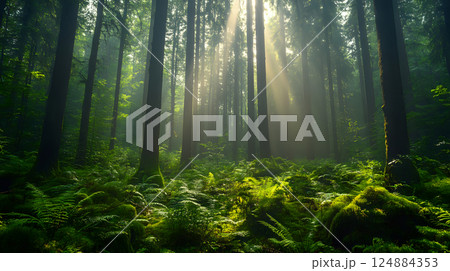 Towering trees surrounded by soft mist and vibrant green ferns 124884353