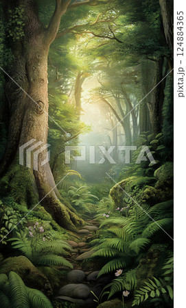 Serene pathway through ancient trees with vibrant ferns background wallpapers nature 124884365
