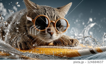 Cool cat surfing with sunglasses riding a wave in action-packed water adventure scene 124884637