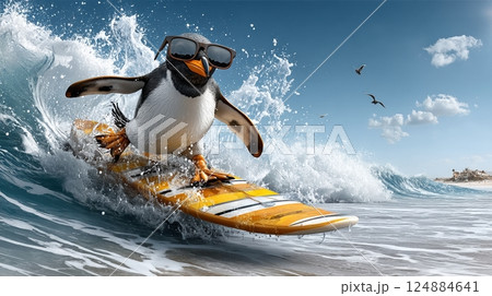 Cool penguin surfing waves in sunglasses on vibrant orange surfboard with seagulls in blue sky 124884641