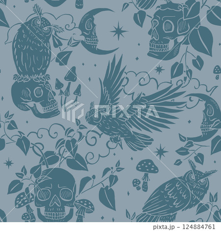 Seamless pattern with hand drawn inky eagle owls sitting on human skulls 124884761