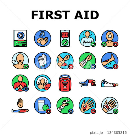 first aid providing cpr bandage icons set vector 124885216