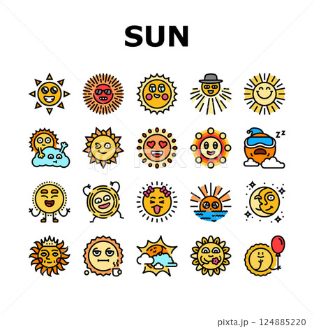 cute sun character sunny icons set vector 124885220
