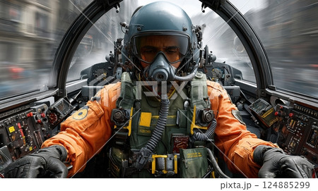 Pilot in high-speed jet cockpit wearing helmet and orange flight suit in action-packed city scene Pilot in high-speed jet cockpit wearing helmet and orange flight suit in action-packed city scene 124885299