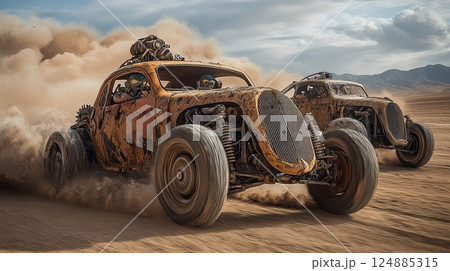 Vintage hot rods racing in desert landscape creating dramatic dust clouds and intense action scene 124885315