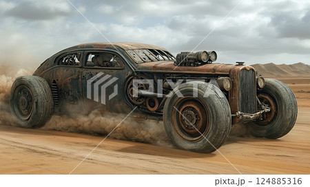 Vintage armored hot rod racing in desert with dust trails and dramatic clouds 124885316