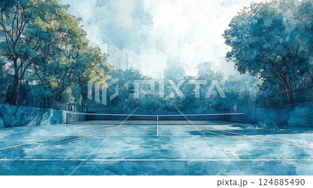 Beautiful tennis court surrounded by trees in a serene environment Beautiful tennis court surrounded by trees in a serene environment 124885490