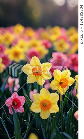 Colorful daffodils and tulips bloom in a vibrant spring garden 124885504
