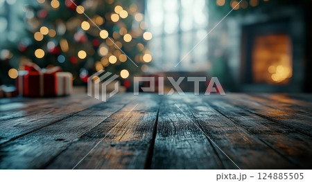 Christmas setting with decorated trees, golden gift, and cozy fireplace glow 124885505