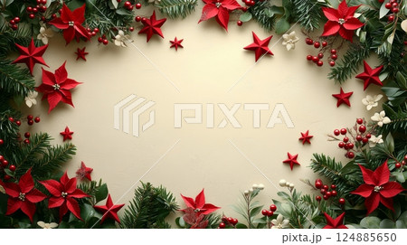 Festive holiday arrangement with red stars and flowers on a neutral background Festive holiday arrangement with red stars and flowers on a neutral background 124885650