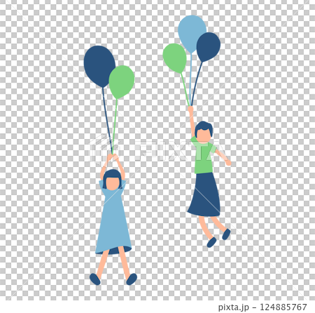 風船で浮く女性たちのイラスト	 124885767