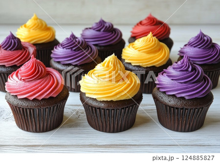 Colorful cupcakes with vibrant frosting arranged in rainbow order on a wooden surface Colorful cupcakes with vibrant frosting arranged in rainbow order on a wooden surface 124885827
