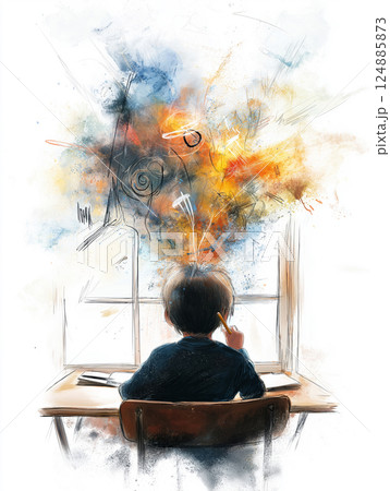Child sitting at desk with colorful chaotic thoughts Child sitting at desk with colorful chaotic thoughts 124885873