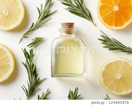 Glass bottle of citrus essential oil with fresh lemon, rosemary, and lime arranged 124885878
