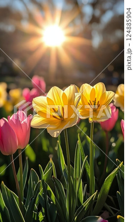 Colorful daffodils and tulips bloom in a vibrant spring garden 124885904