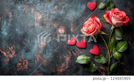 Beautiful pink roses and heart shapes arranged on a dark textured background for romantic occasions 124885905