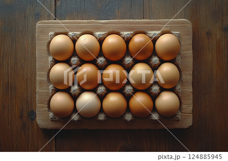 Fresh organic eggs arranged on a wooden tray in a rustic kitchen setting Fresh organic eggs arranged on a wooden tray in a rustic kitchen setting 124885945