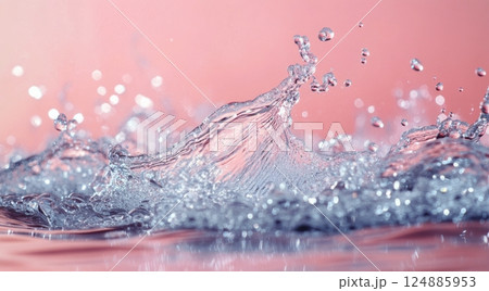 Water droplets splashing against a pink backdrop creating dynamic patterns 124885953