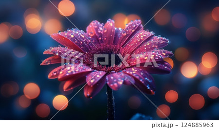 Vibrant red flower with water droplets in a colorful bokeh background at night 124885963