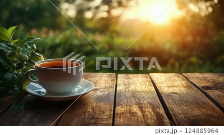Enjoying a warm cup of tea during a serene sunrise in a peaceful garden 124885964