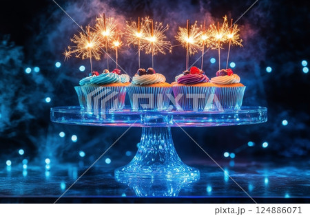 Colorful cupcakes with sparklers creating a festive atmosphere for a celebration 124886071