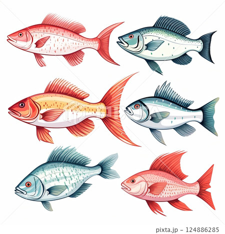 A Colorful Collection of Unique Fish Species Swimming Together in Clear Blue Waters. 124886285