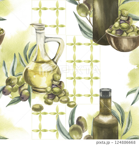 Mediterranean watercolor seamless pattern with olive oil bottle and jug decorated with olive bunch and branches illustration.Hand drawn Provence background with Italian food for kitchen textile design 124886668