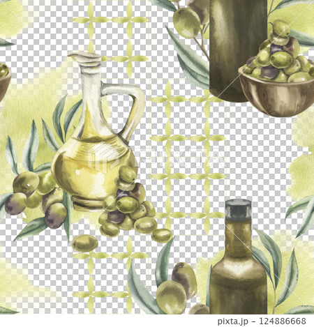 Mediterranean watercolor seamless pattern with olive oil bottle and jug decorated with olive bunch and branches illustration.Hand drawn Provence background with Italian food for kitchen textile design 124886668