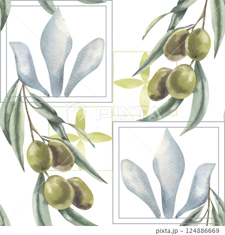 Olive branches and Greek floral motif watercolor seamless pattern. Hand drawn geometric abstract background with green olives background for home textile fabric,textile,wallpaper design Olive branches and Greek floral motif watercolor seamless pattern. Hand drawn geometric abstract background with green olives background for home textile fabric,textile,wallpaper design 124886669
