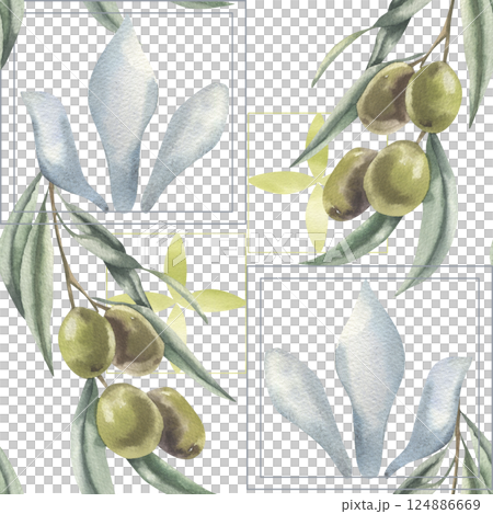 Olive branches and Greek floral motif watercolor seamless pattern. Hand drawn geometric abstract background with green olives background for home textile fabric,textile,wallpaper design Olive branches and Greek floral motif watercolor seamless pattern. Hand drawn geometric abstract background with green olives background for home textile fabric,textile,wallpaper design 124886669