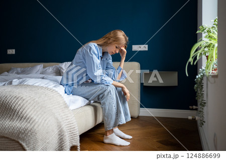 Exhausted girl thinking of psychological problem need help, regret about mistake suffer from breakup 124886699