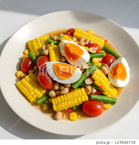Corn Salad with Salted Eggs or Corn Som Tam is served on a white plate 124886738