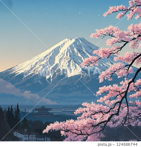 桜咲く、冠雪とのコンストラクトが映える富士 桜咲く、冠雪とのコンストラクトが映える富士 124886744