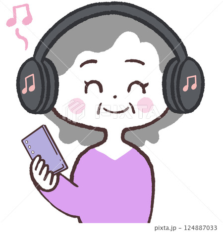Bluetoothで音楽を聴くシニア女性イラスト 124887033