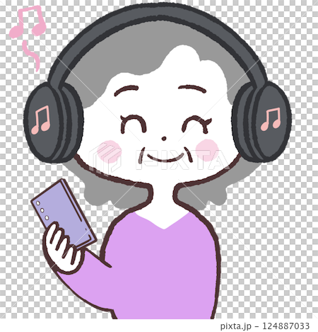 Bluetoothで音楽を聴くシニア女性イラスト 124887033
