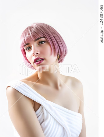タオルを羽織った若い女性　ピンク色の髪の毛 124887068