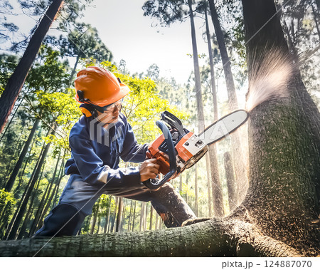 チェーンソーで木を切る男性のイメージ素材 チェーンソーで木を切る男性のイメージ素材 124887070