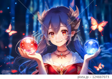 森の中で赤く光る水晶体を持った女性の妖精女性のイラスト素材 124887073